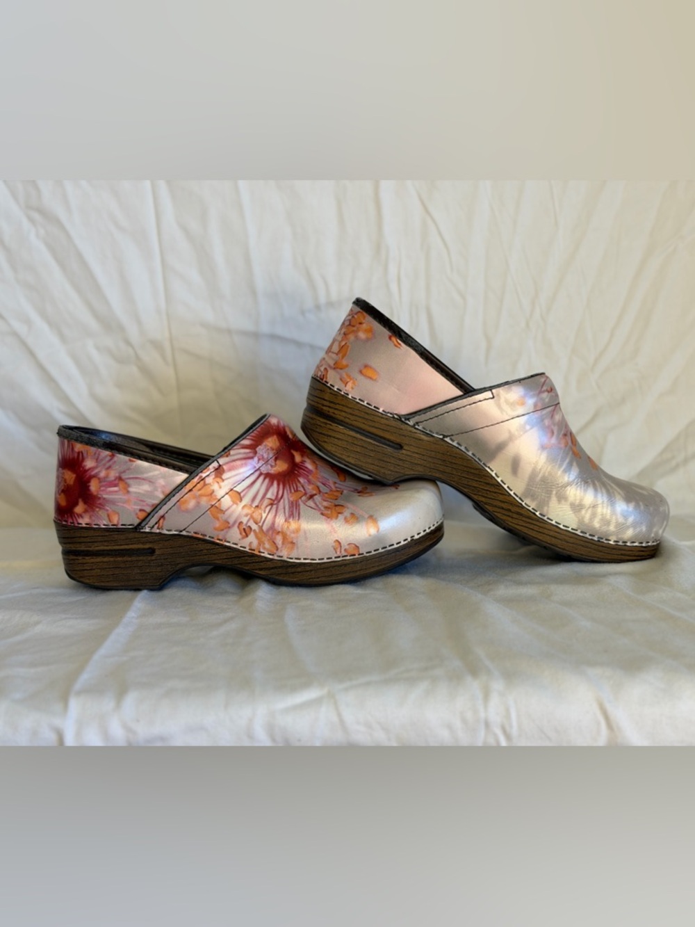 Dansko Floral Pink and Orange Leather Clogs